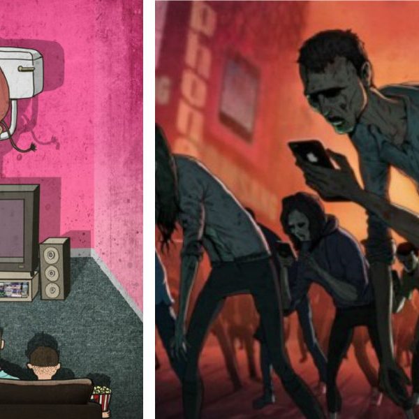 Ilustrações sarcásticas criticam a sociedade moderna e seus vícios