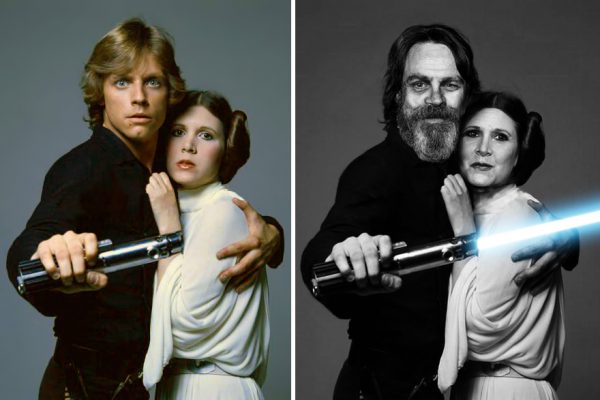 Mark Hamill e Carrie Fisher como Luke Skywalker e Princess Leia, 1977 e 2015