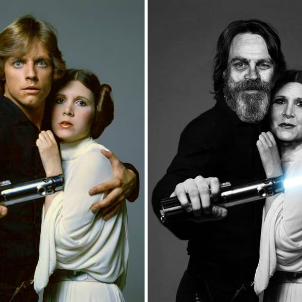 Mark Hamill e Carrie Fisher como Luke Skywalker e Princess Leia, 1977 e 2015