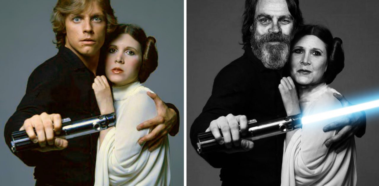 Mark Hamill e Carrie Fisher como Luke Skywalker e Princess Leia, 1977 e 2015