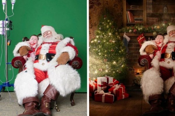 Fotógrafos fazem montagens de fotos de crianças em hospitais com o Papai Noel