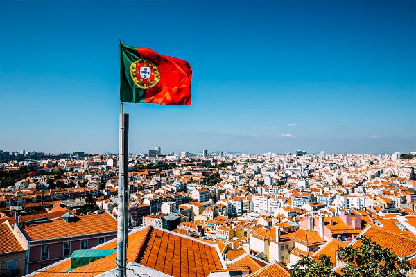 Portuguese flag and Lisbon skyline, Portugal