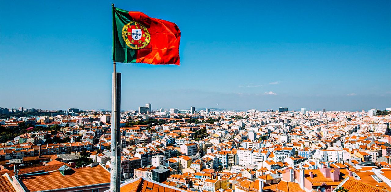 Portuguese flag and Lisbon skyline, Portugal